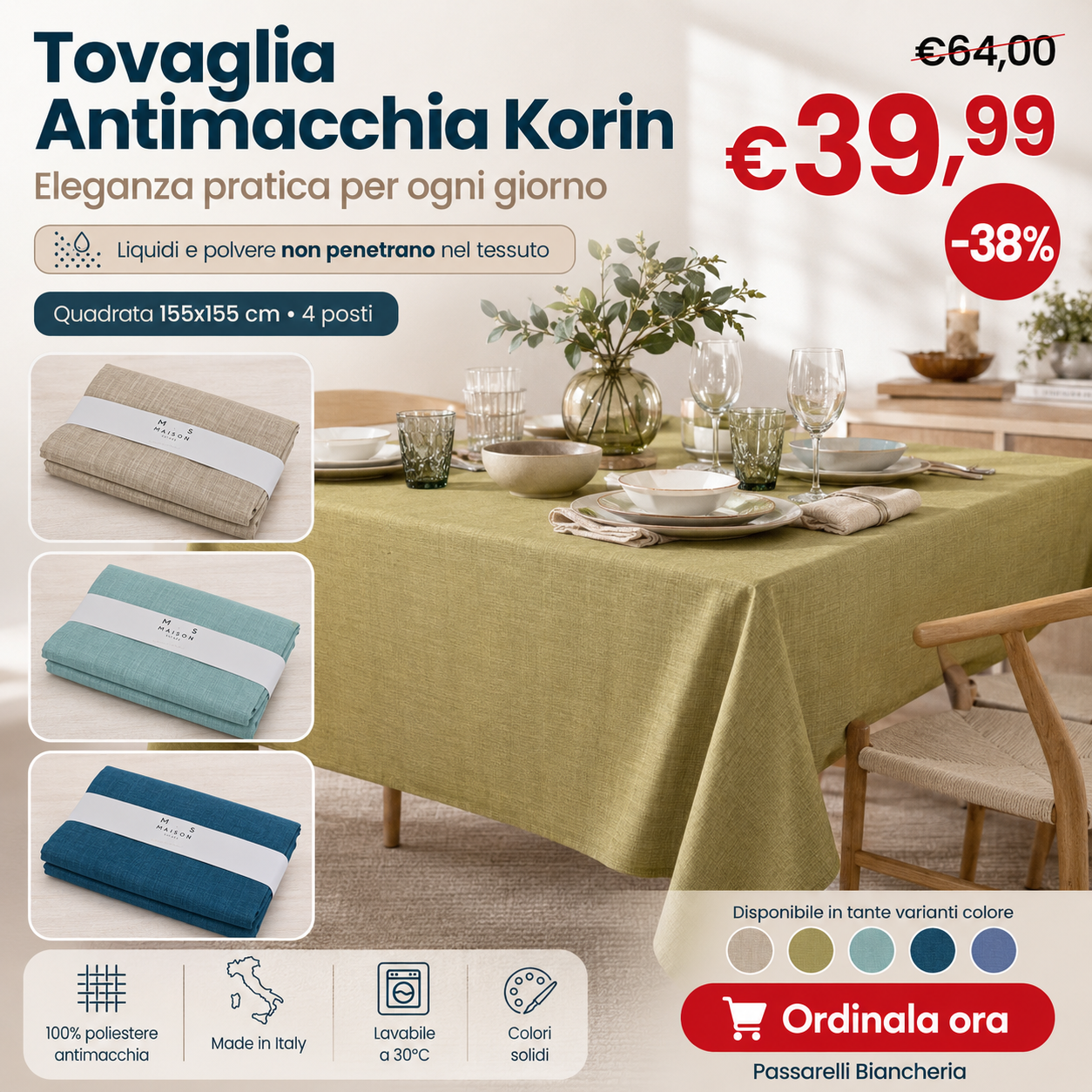 Maison Sucrée Tovaglia Antimacchia Tinta Unita Korin - Varie Dimensioni
