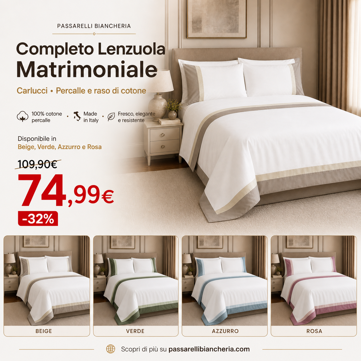 Carlucci Completo Lenzuola Matrimoniale in Percalle e Raso di Cotone