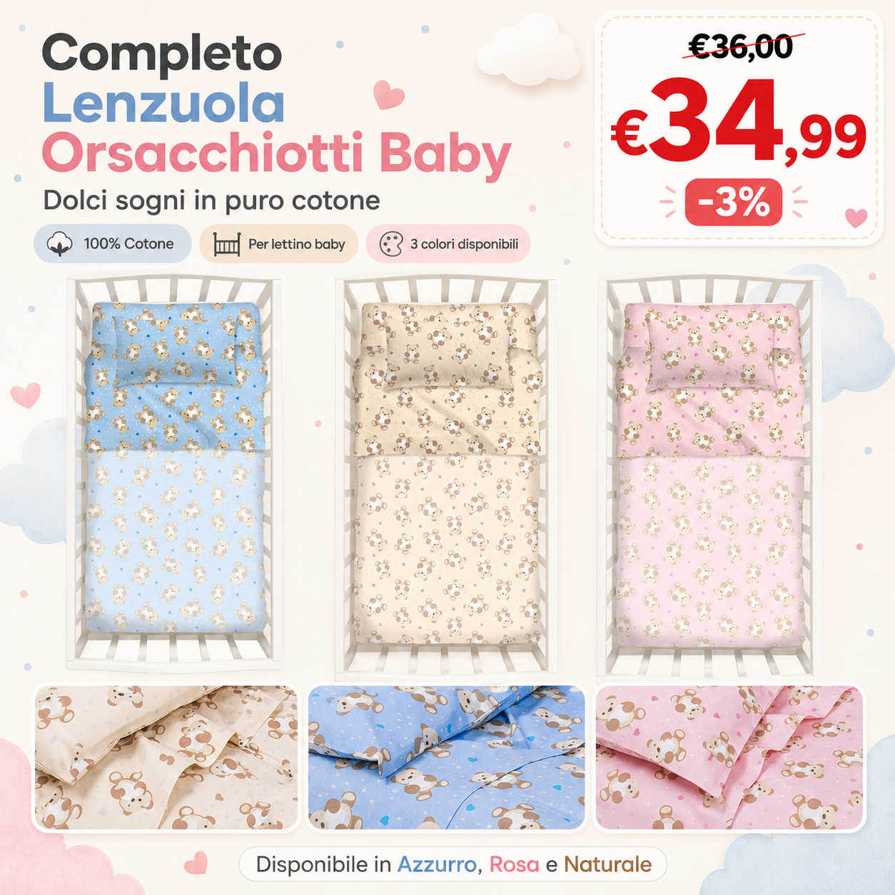 Caleffi Kids Completo Lenzuola In Cotone Orsacchiotti Baby 2505S30