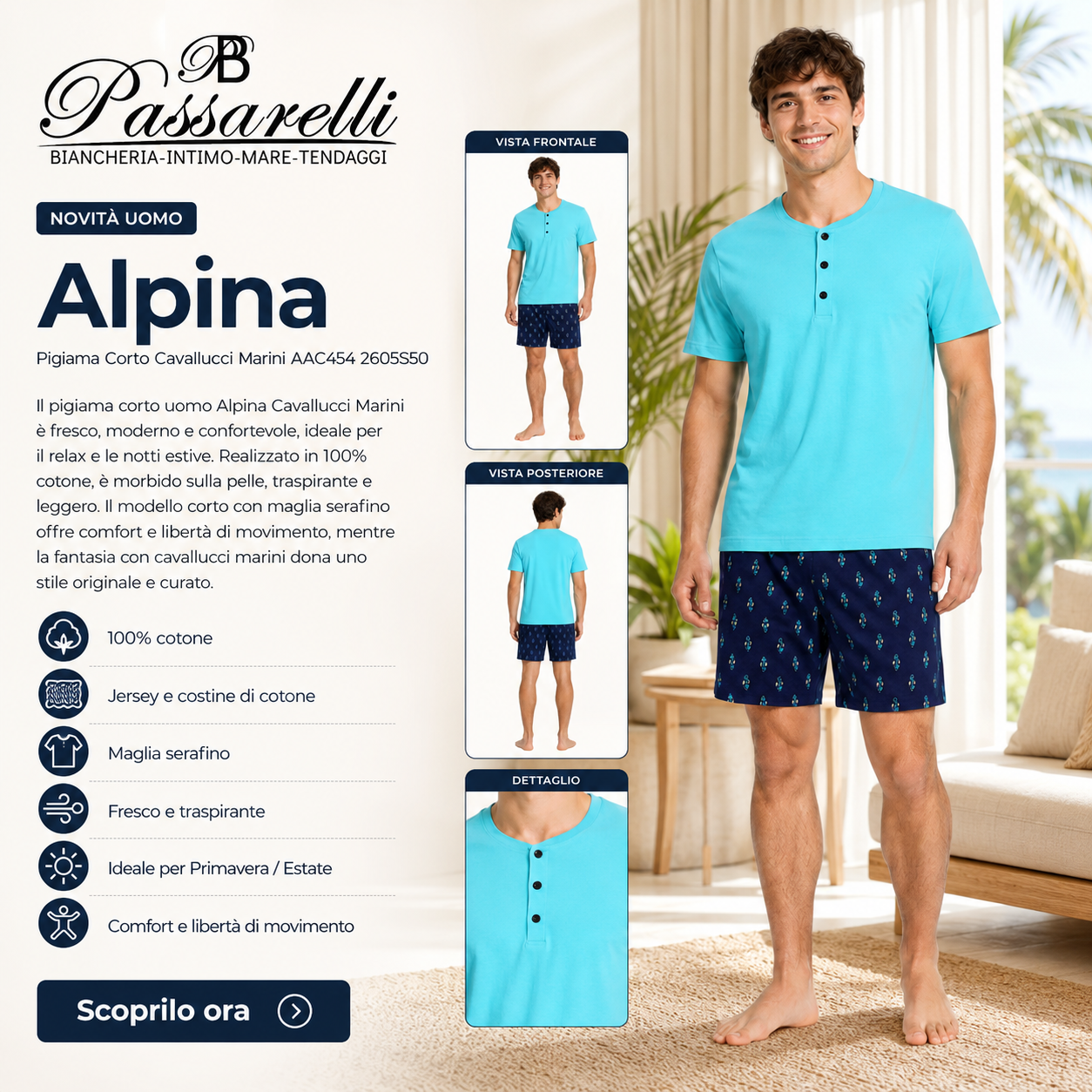 Alpina Uomo Fresco Pigiama Corto Cavallucci Marini AAC454 2605S50