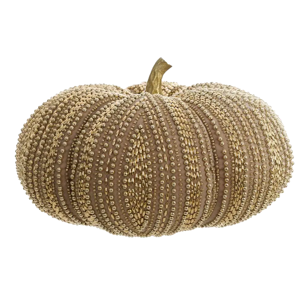 Blanc Mariclò Zucca Decorativa Perline 2510S - Misura Grande, cuscino a forma di zucca con perline oro.