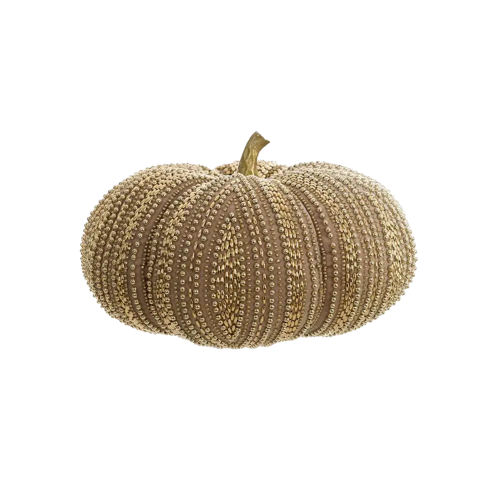 Blanc Mariclò Zucca Decorativa Perline 2510S - Misura Piccola, cuscino a forma di zucca con perline oro.