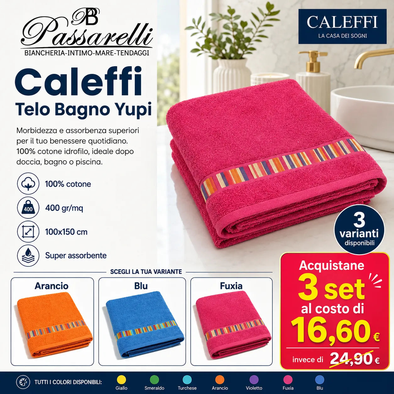 Caleffi telo Bagno in Spugna di Cotone Yupi - Vari Colori