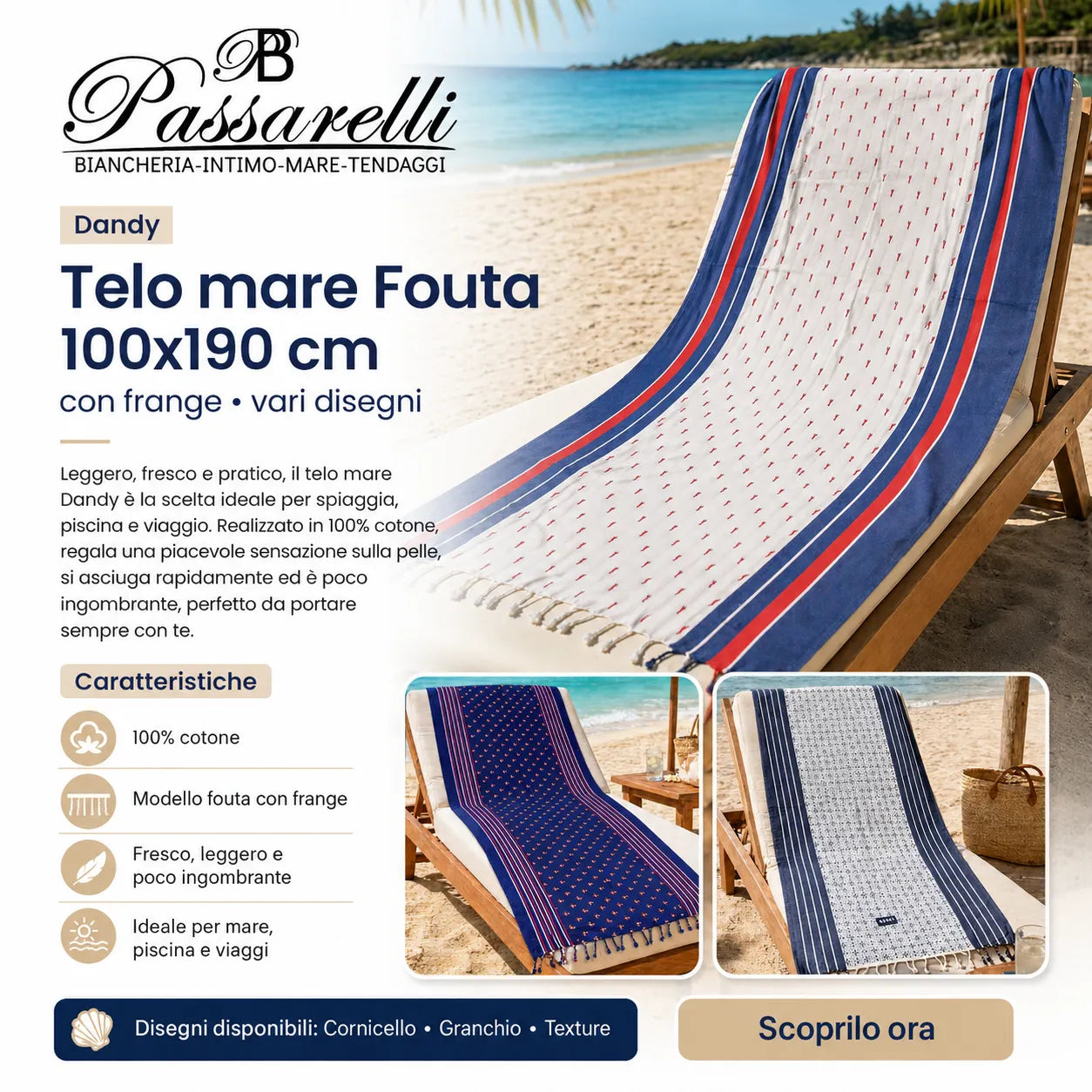 Dandy Telo mare Fouta 100x190cm con Frange - Vari disegni