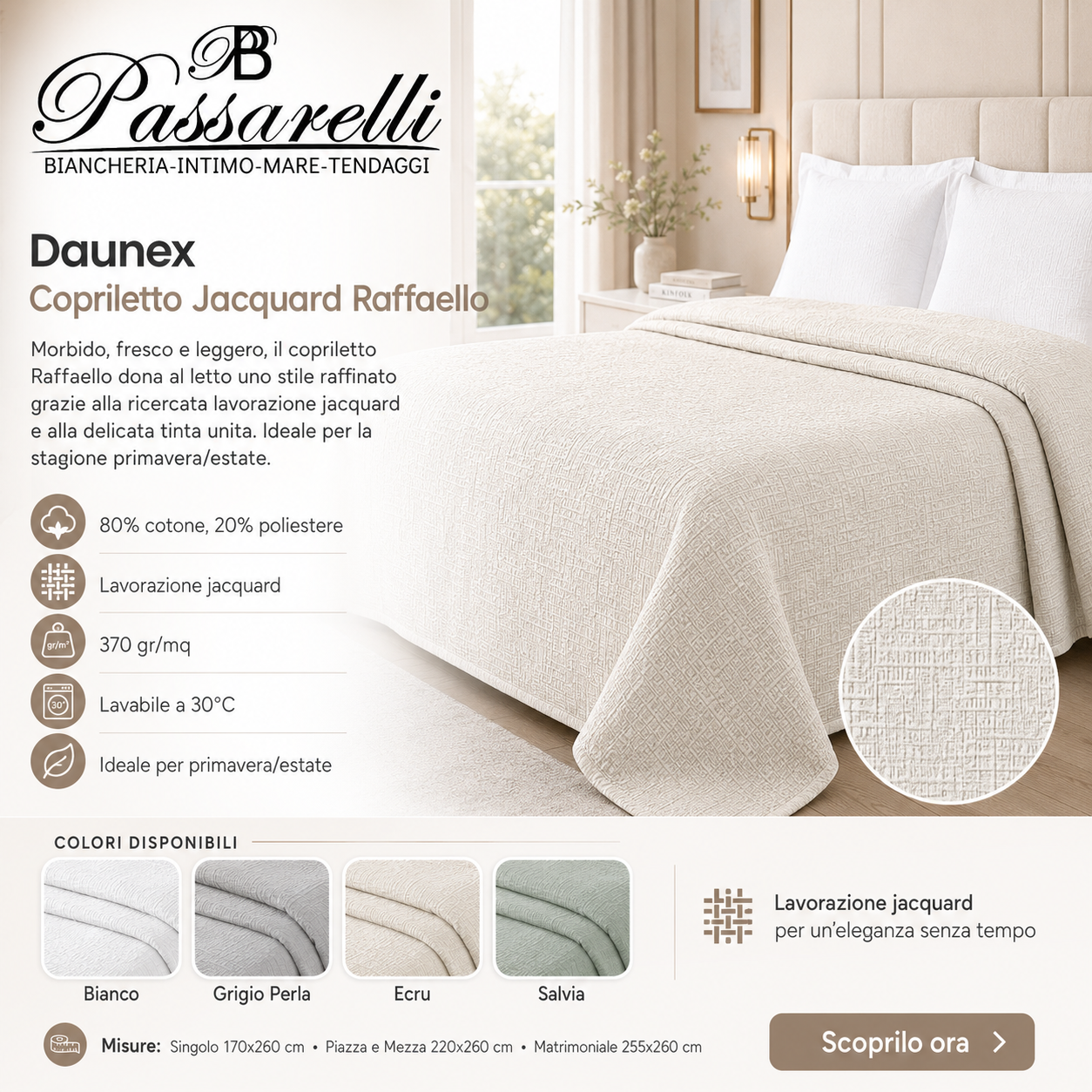 Daunex Copriletto in Cotone con Fantasia Jacquard - Raffaello - Dimensioni Varie
