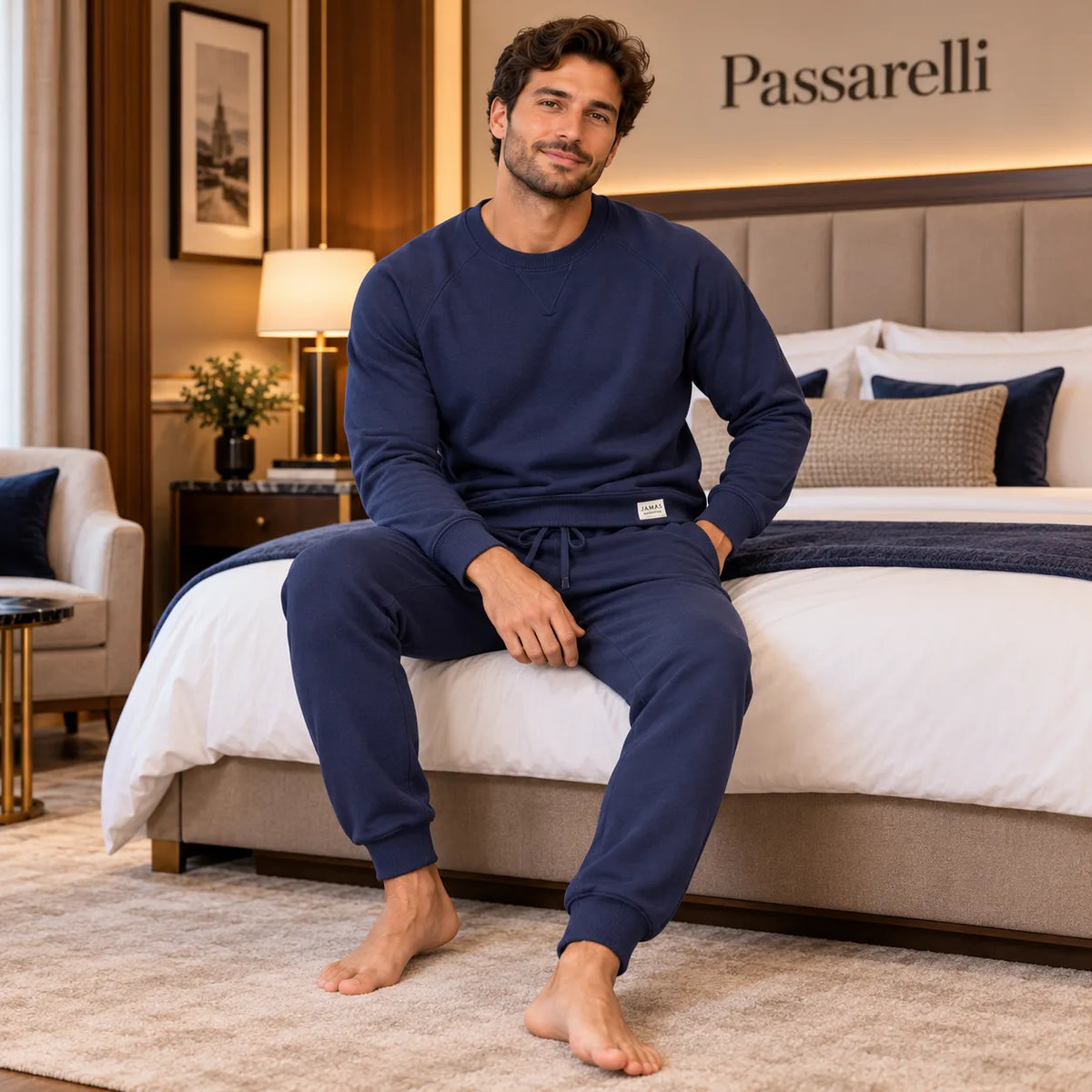 Jamas Pigiama da Uomo in Felpa di Cotone Tinta Unita Blu IJ 2439
