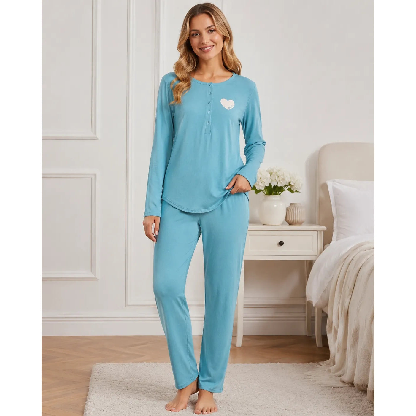 Liu Jo Pigiama Estivo da Donna in Cotone e Modal Maniche Lunghe Cuore DL0064
