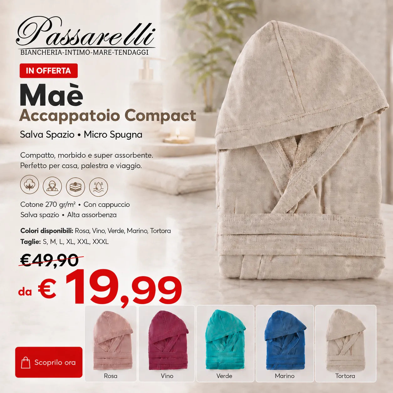 Maè Accappatoio Salva Spazio Micro Spugna Compact