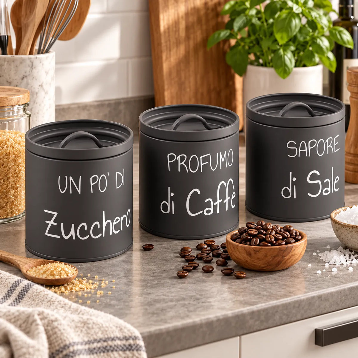Montemaggi Smoke Box Set 3 Barattoli Sale Zucchero Caffè in Metallo Antracite CMT614