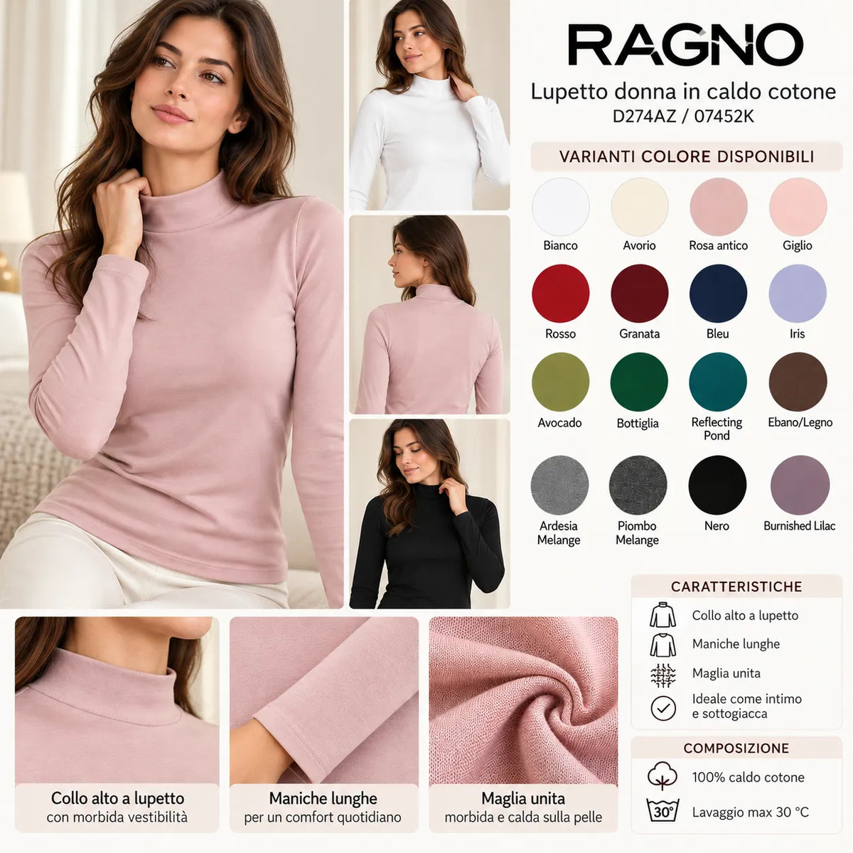 Ragno Maglietta da Donna a Collo alto in Caldo Cotone D274AZ - 07452K