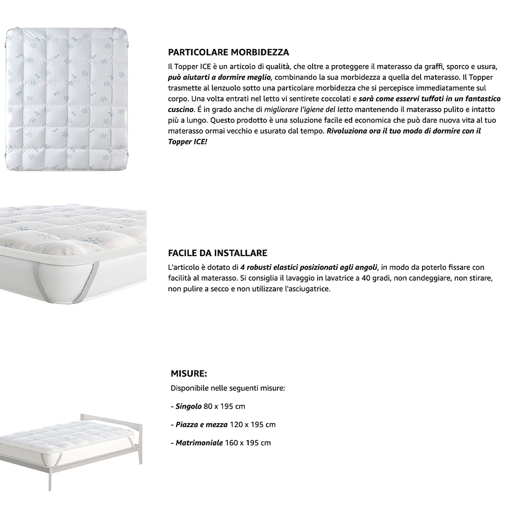 Topper Coprimaterasso Trapuntato TOPPER ICE Bianco - Varie Dimensioni