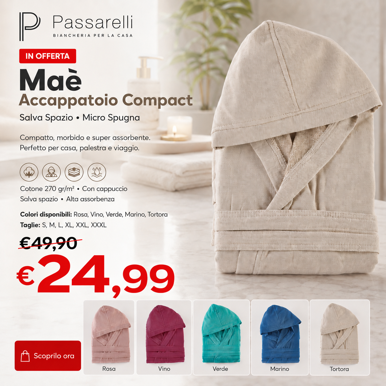Maè Accappatoio Salva Spazio Micro Spugna Compact