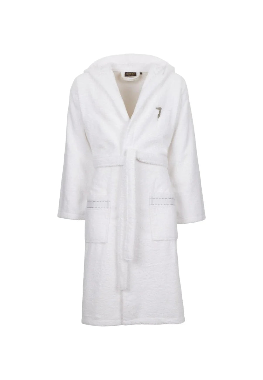 Trussardi Home Accappatoio con Cappuccio in Puro Cotone Ribbon bianco con logo ricamato