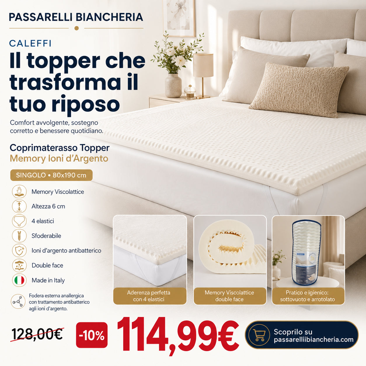 Caleffi Topper Memory Ioni d'argento - Varie Dimensioni