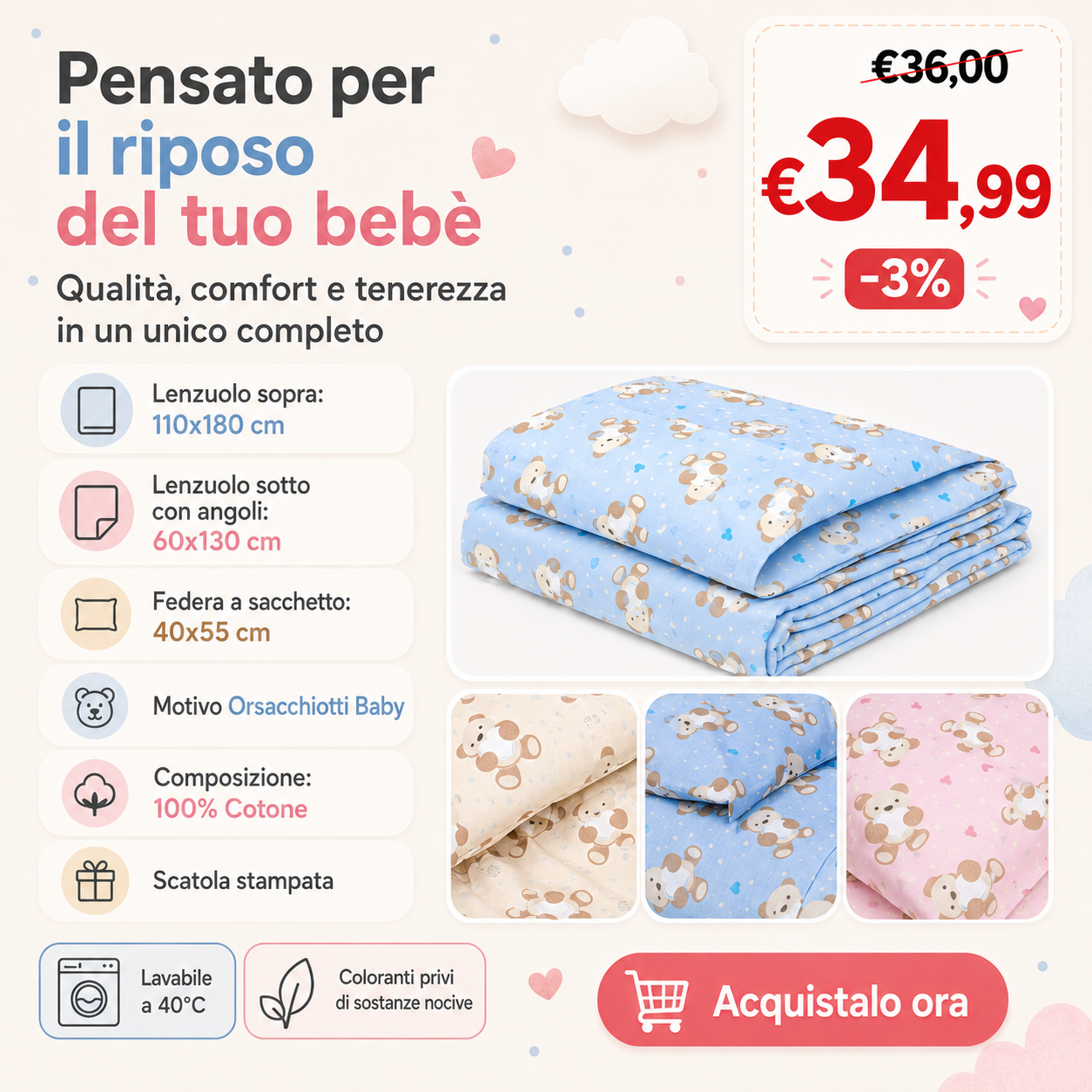 Caleffi Kids Completo Lenzuola In Cotone Orsacchiotti Baby 2505S30