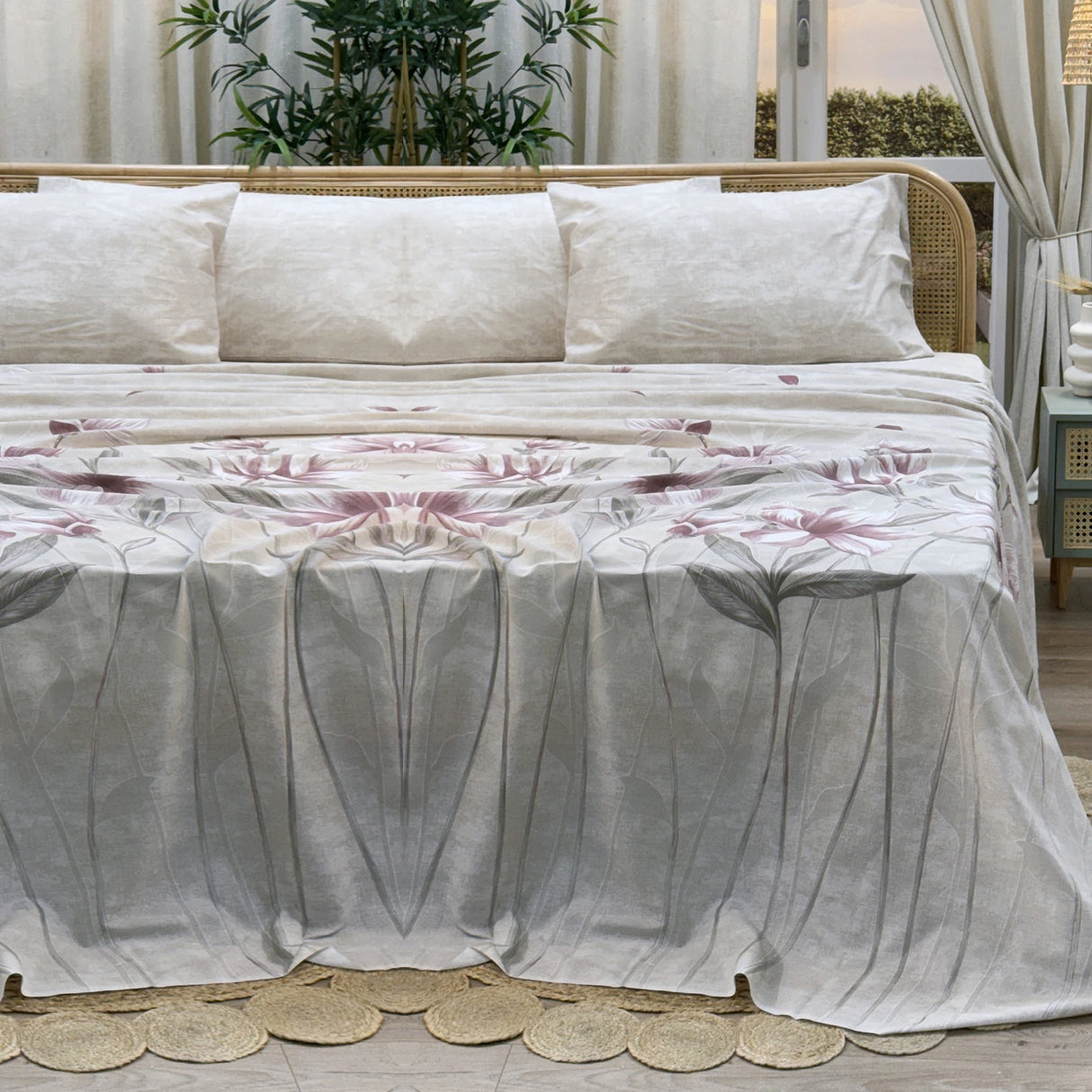 Maè Completo Lenzuola Copriletto Matrimoniale in Percalle Fiore 401 S44