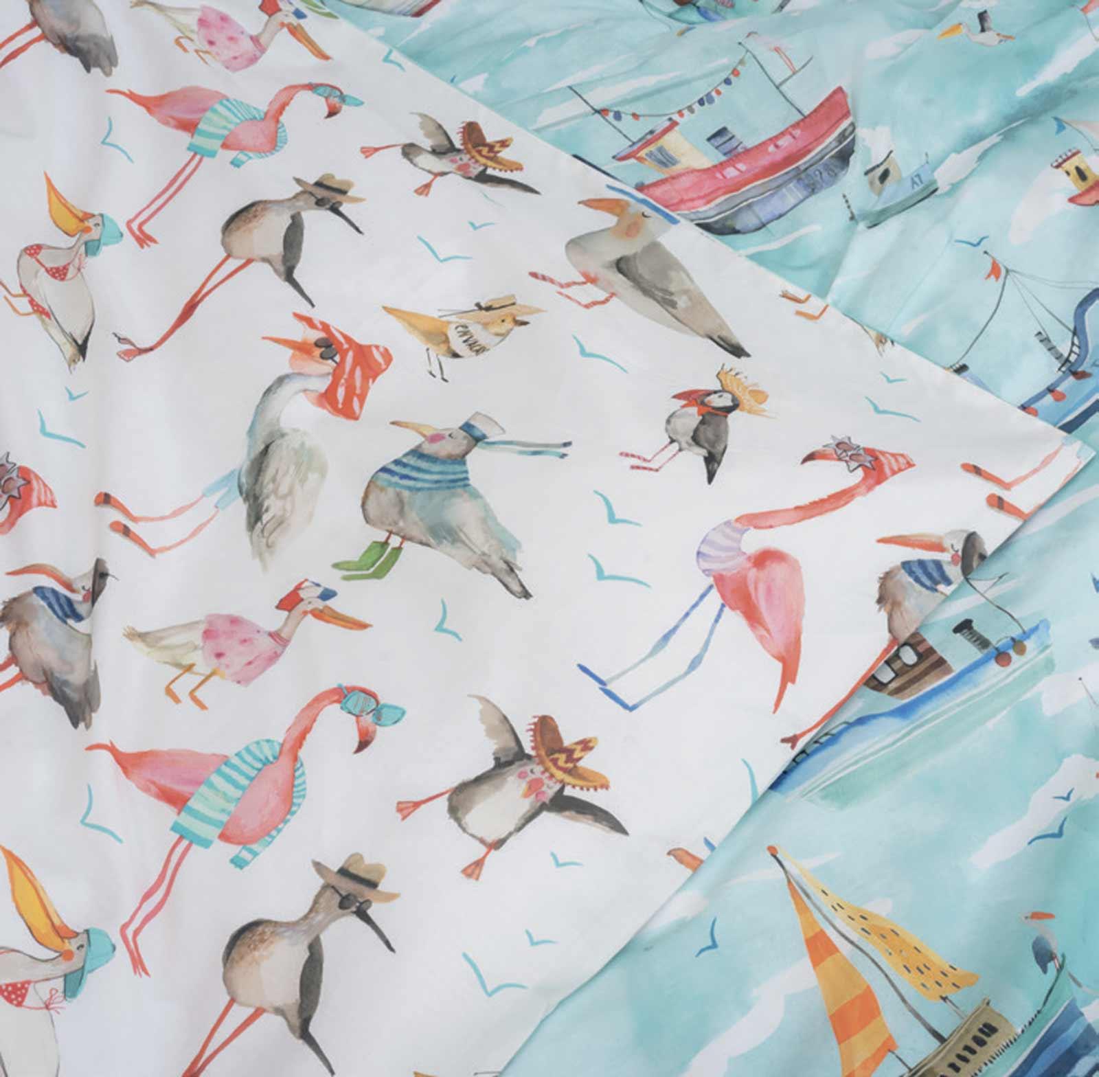 Tessitura Toscana Telerie Completo Lenzuola Matrimoniale Paranza Gabbiani B146 - Passarelli Biancheria