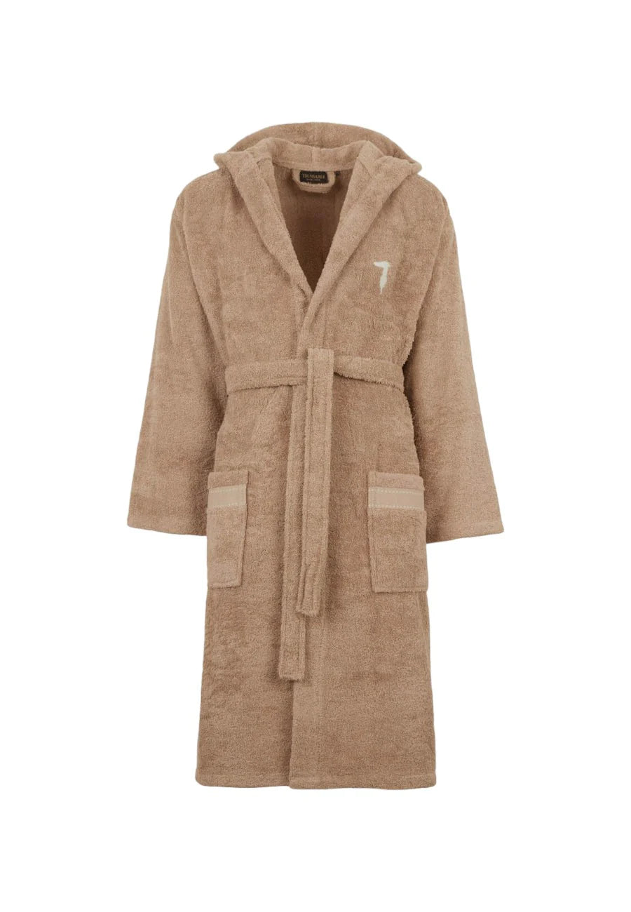 Trussardi Home Accappatoio con Cappuccio in Puro Cotone Ribbon color Tortora, unisex plush robe with logo.
