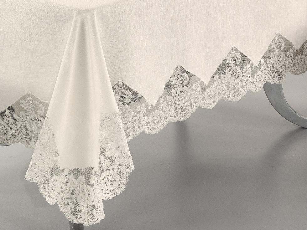 Tovaglia da 12 Posti in puro lino impreziosito con pizzo rebrode' Aurora. - Passarelli Biancheria