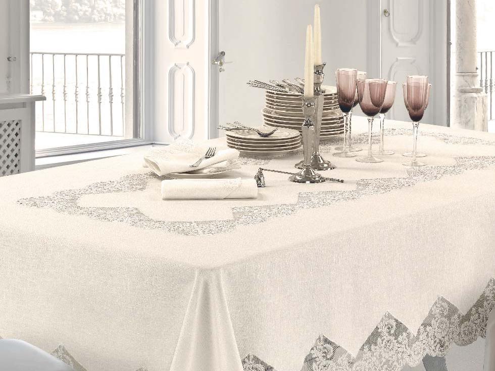 Tovaglia da 12 Posti in puro lino impreziosito con pizzo rebrode' Aurora. - Passarelli Biancheria