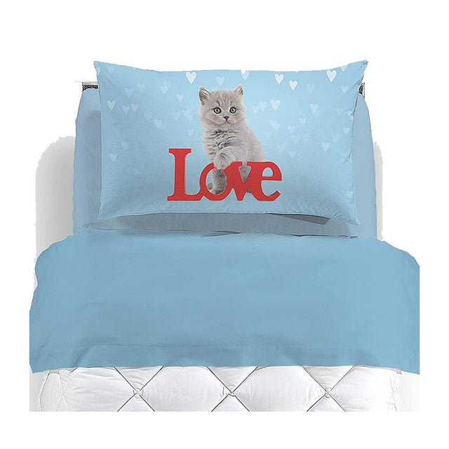 Caleffi Completo Lenzuola per Letto Singolo Gattino Cuore - Passarelli Biancheria