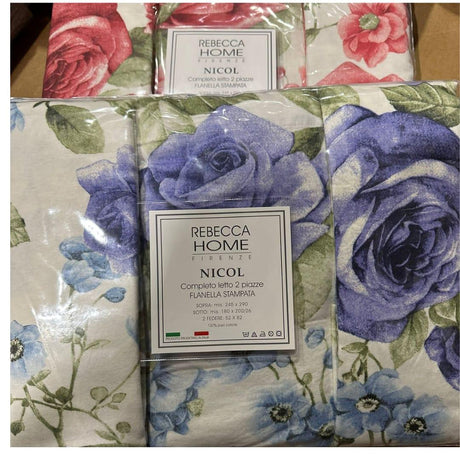 Rebecca Home Completo Lenzuola Matrimoniale in Flanella Nicol Fiore D50 - Passarelli Biancheria