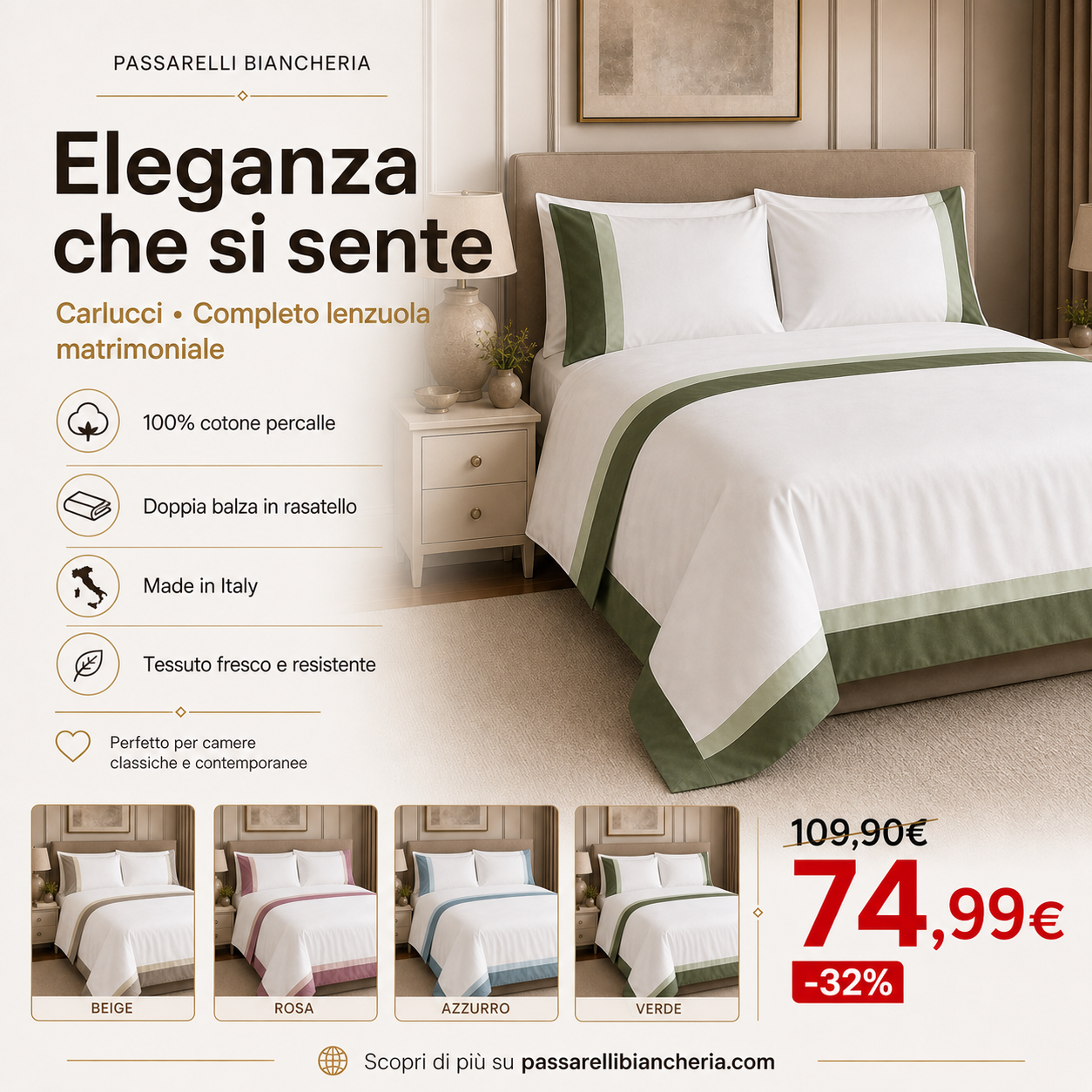 Carlucci Completo Lenzuola Matrimoniale in Percalle e Raso di Cotone