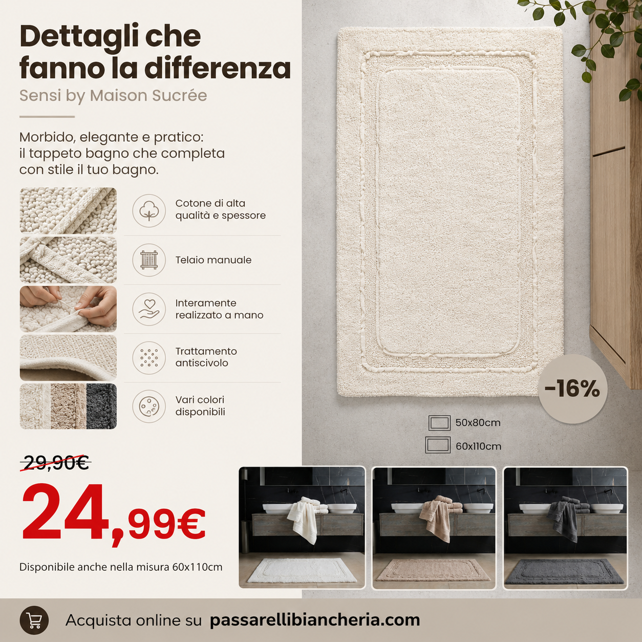 Maison Sucrée Tappeto Bagno 2000grs con Antiscivolo Sensi - Varie Dimensioni