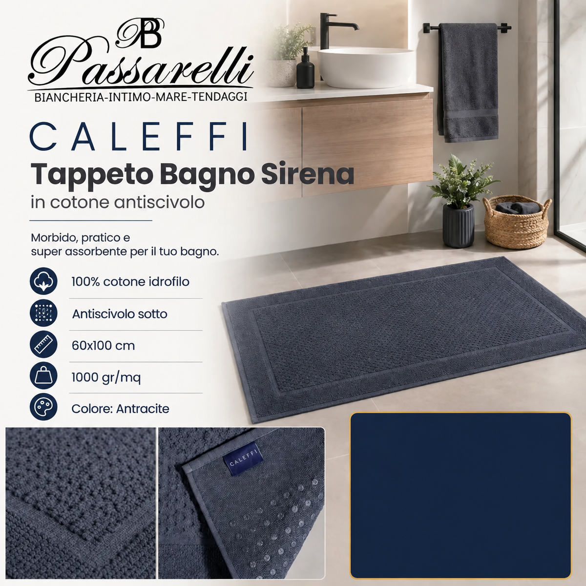 Caleffi Siren non-slip cotton bathroom rug 60x100 69477 S110