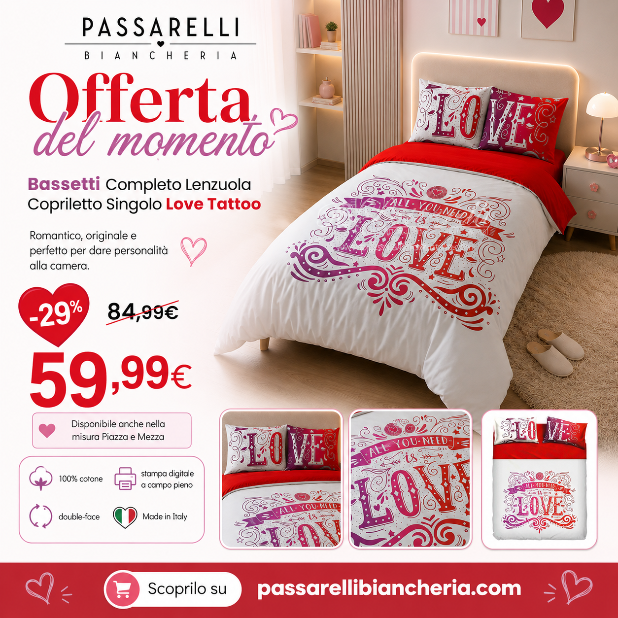 Bassetti Complete Sheet Set Single Bedspread Love Tattoo D75