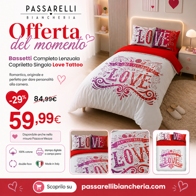 Bassetti Completo Lenzuola Copriletto Singolo Love Tattoo