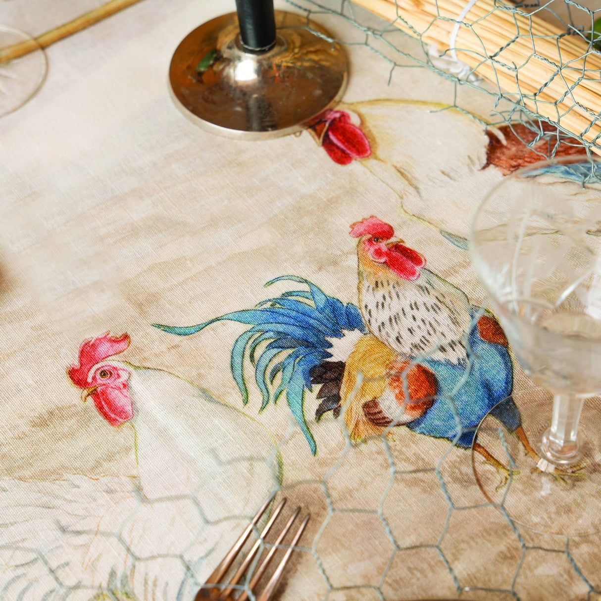 Tessitura Toscana Telerie Tovaglia da Tavola in 100% Puro lino Roosters - Varie Dimensioni