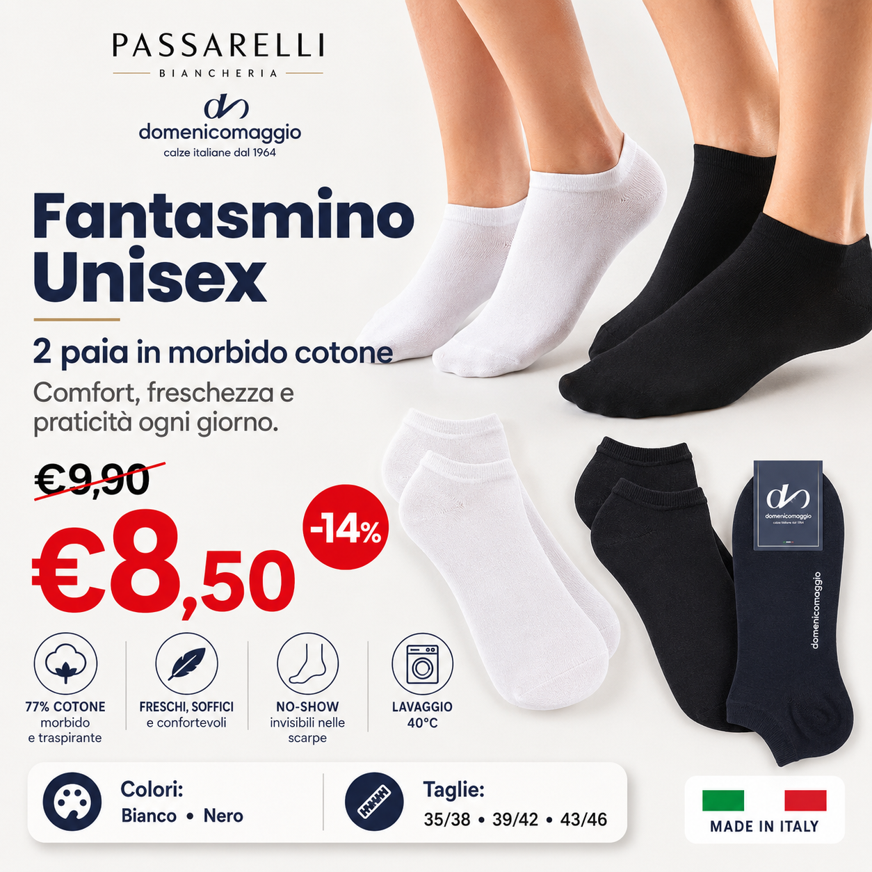 Domenico Maggio 2 Paia Fantasmino Unisex in filo di Cotone DM048