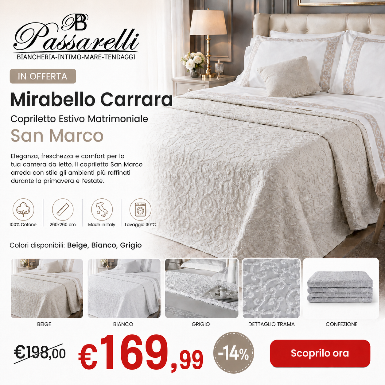 Mirabello Carrara Copriletto Estivo Matrimoniale in Cotone San Marco 2504S134