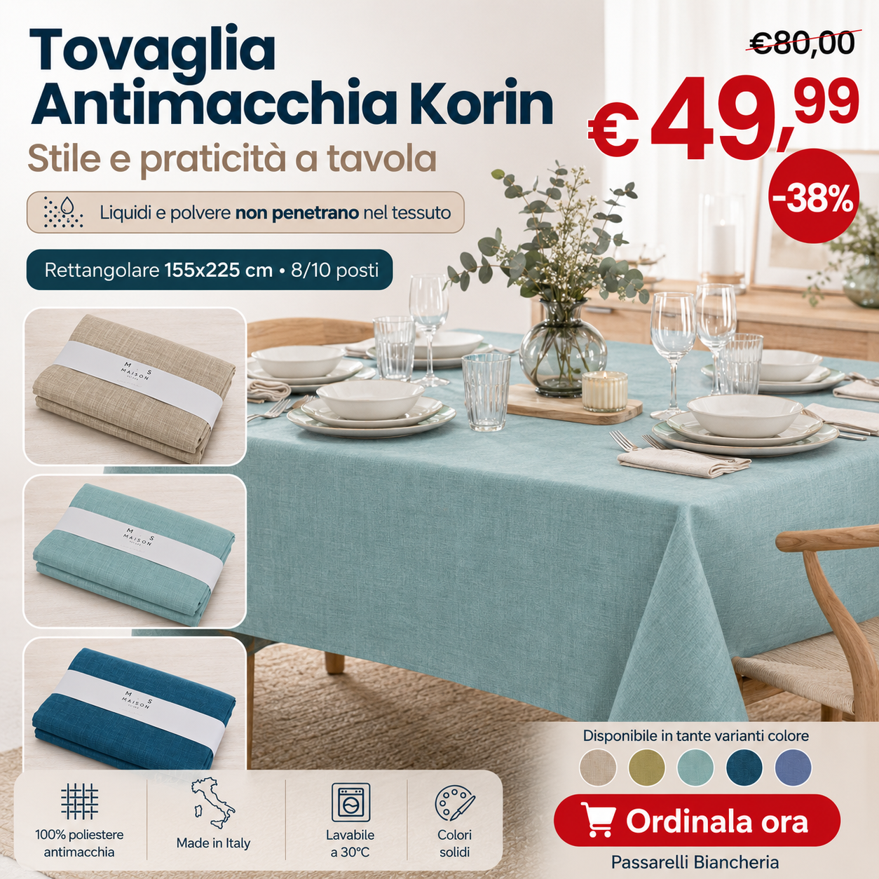 Maison Sucrée Tovaglia Antimacchia Tinta Unita Korin - Varie Dimensioni