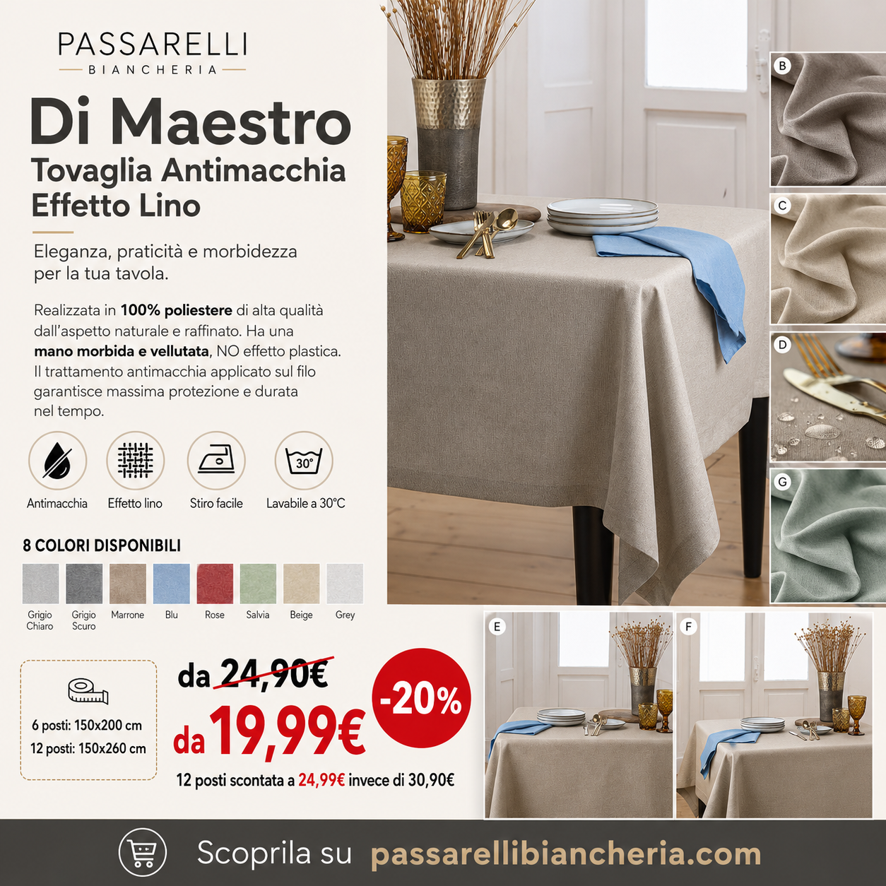 Di Maestro Tovaglia Antimacchia Effetto Lino - Varie Dimensioni