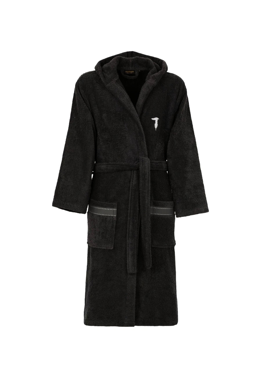 Trussardi Home Accappatoio con Cappuccio in Puro Cotone Ribbon, accappatoio unisex nero con cappuccio e logo ricamato.