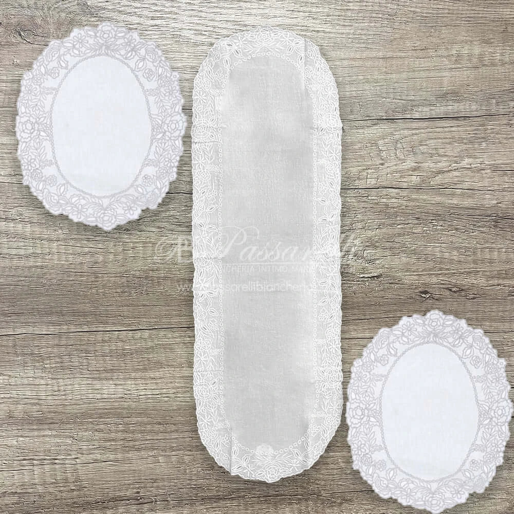 Blanc Mariclò Set Runner + Centri in Lino Ricamate Dentelle