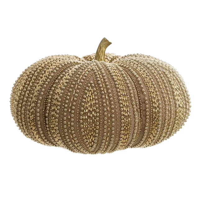 Blanc Mariclò Zucca Decorativa Perline 2510S - Misura Grande, cuscino a forma di zucca con perline oro.