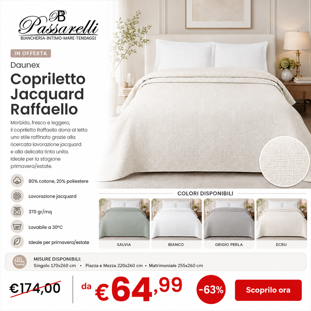Daunex Copriletto in Cotone con Fantasia Jacquard - Raffaello - Dimensioni Varie