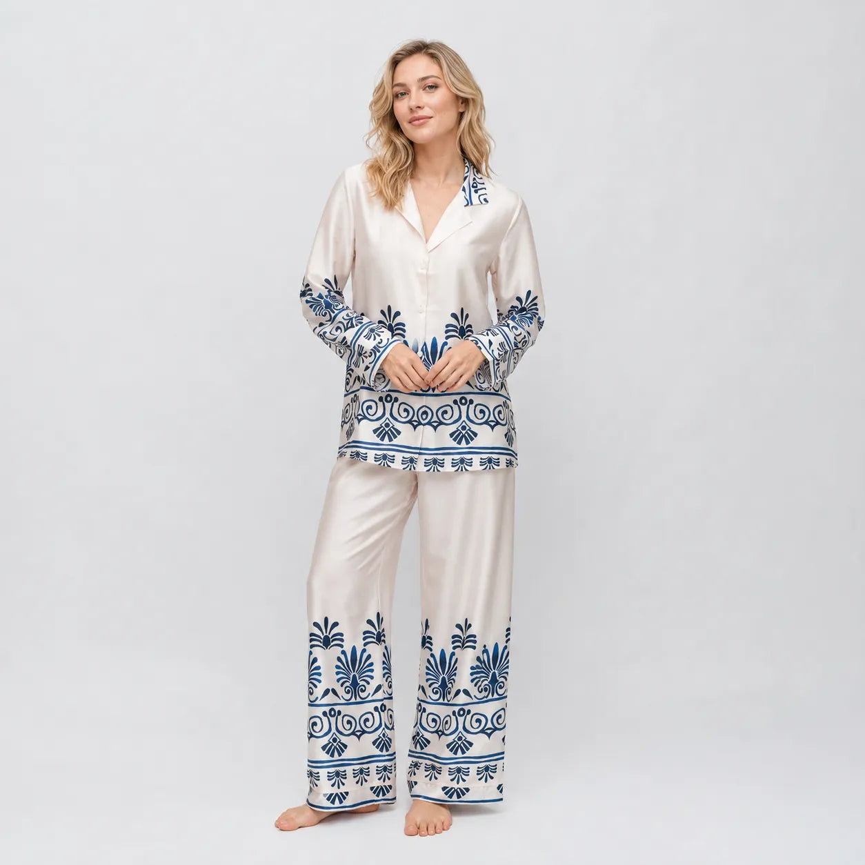 Filo D'Angelo Pigiama da Donna In raso Kenya Bianco/Blu