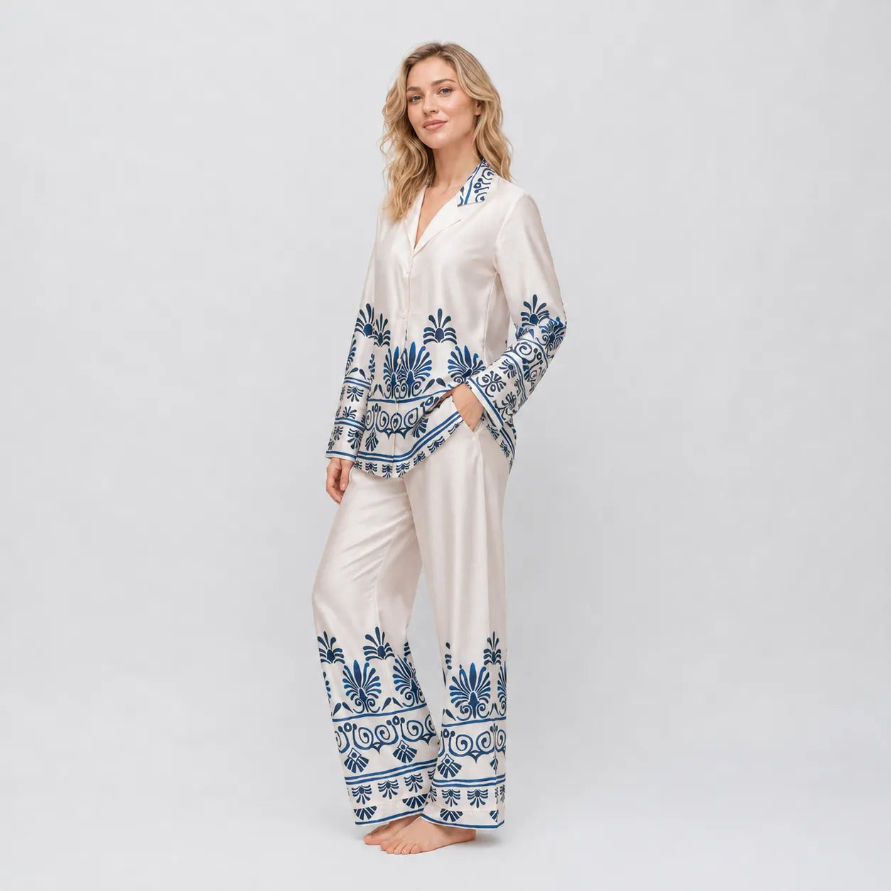 Filo D'Angelo Pigiama da Donna In raso Kenya Bianco/Blu