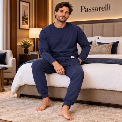 Jamas Pigiama da Uomo in Felpa di Cotone Tinta Unita Blu IJ 2439