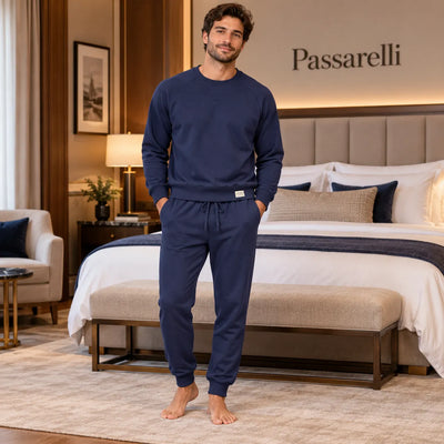 Jamas Pigiama da Uomo in Felpa di Cotone Tinta Unita Blu IJ 2439