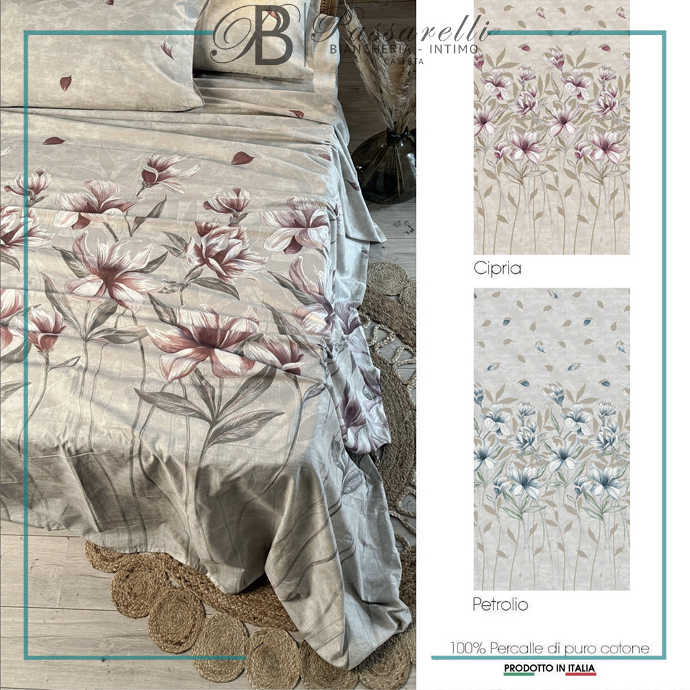 Maè Completo Lenzuola Copriletto Matrimoniale in Percalle Fiore 401 S44