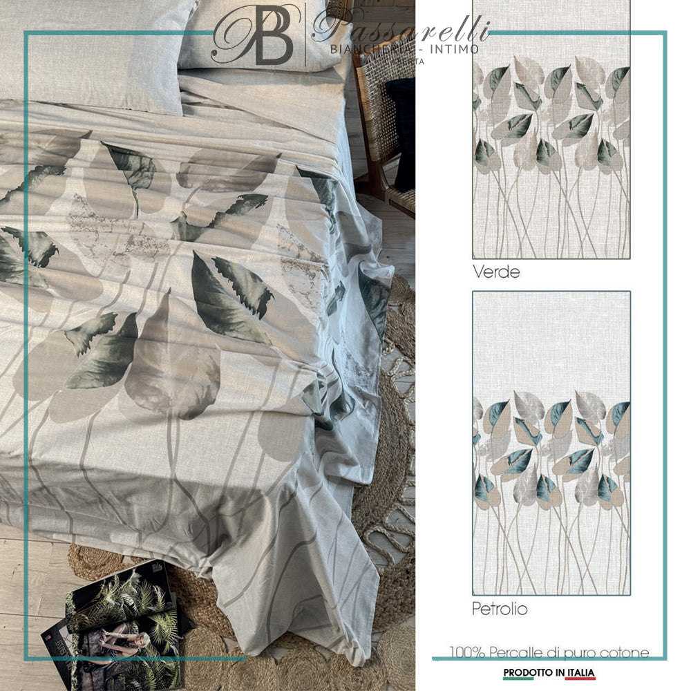 Maè Completo Lenzuola Copriletto Matrimoniale in Percalle Foglia 402 S44
