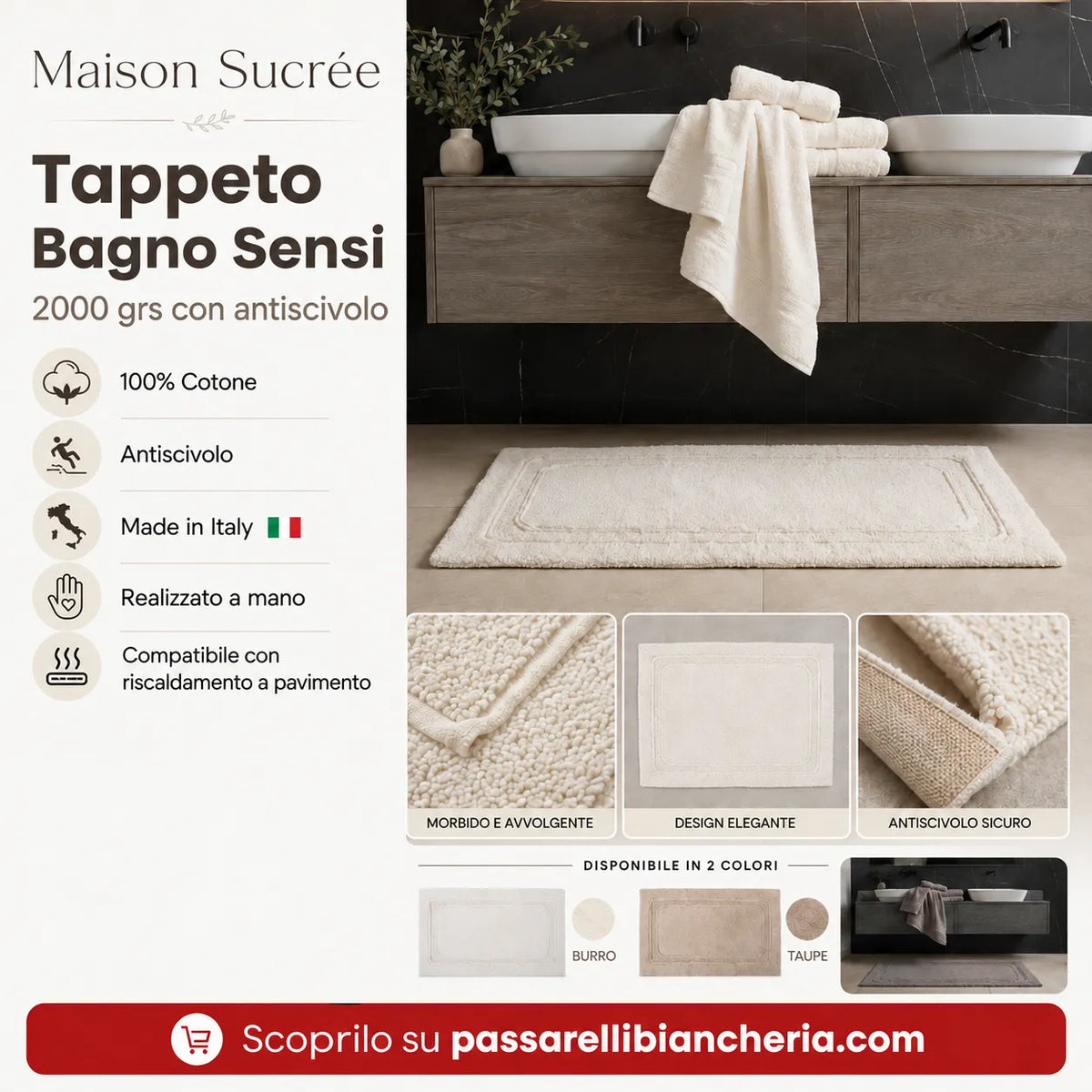 Maison Sucrée Tappeto Bagno 2000grs con Antiscivolo Sensi - Varie Dimensioni