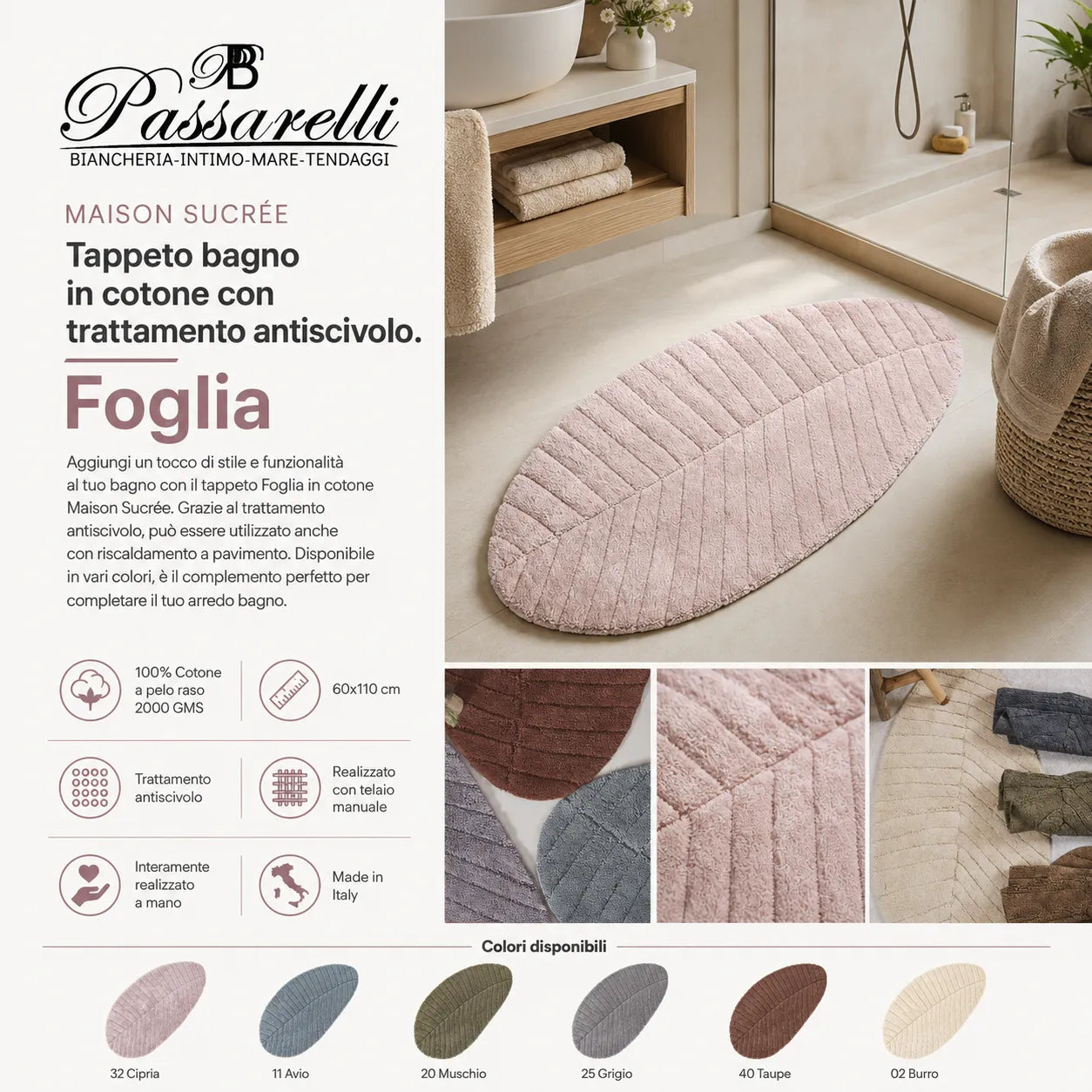 Maison Sucrée Tappeto bagno in cotone con trattamento antiscivolo Foglia