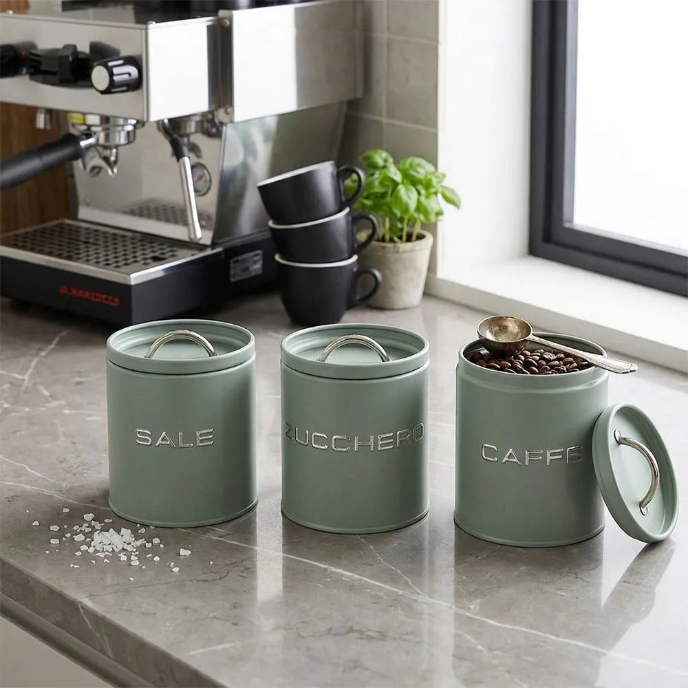 Montemaggi Kitchen Box Set 3 Barattoli Sale Zucchero Caffè in Metallo Verde