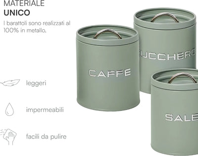 Montemaggi Kitchen Box Set 3 Barattoli Sale Zucchero Caffè in Metallo Verde
